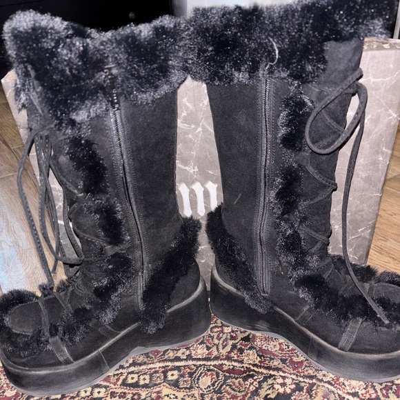 Demonia Black Faux Fur Lace-Up Boots - Picture 2 of 2